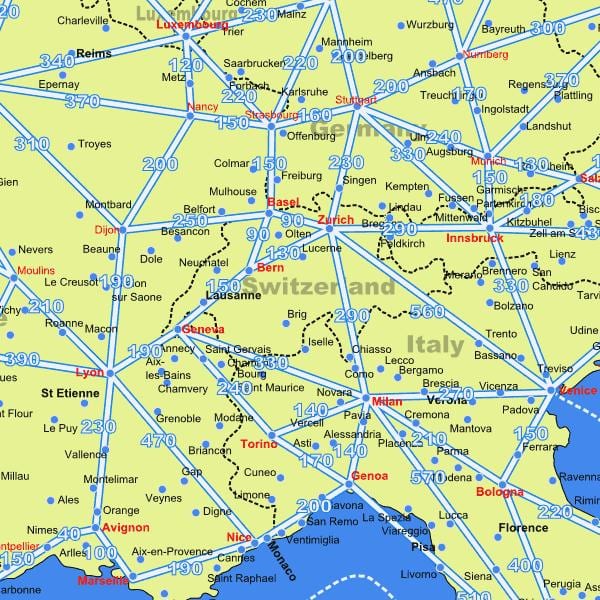 карта Швейцарії карта з відстанями