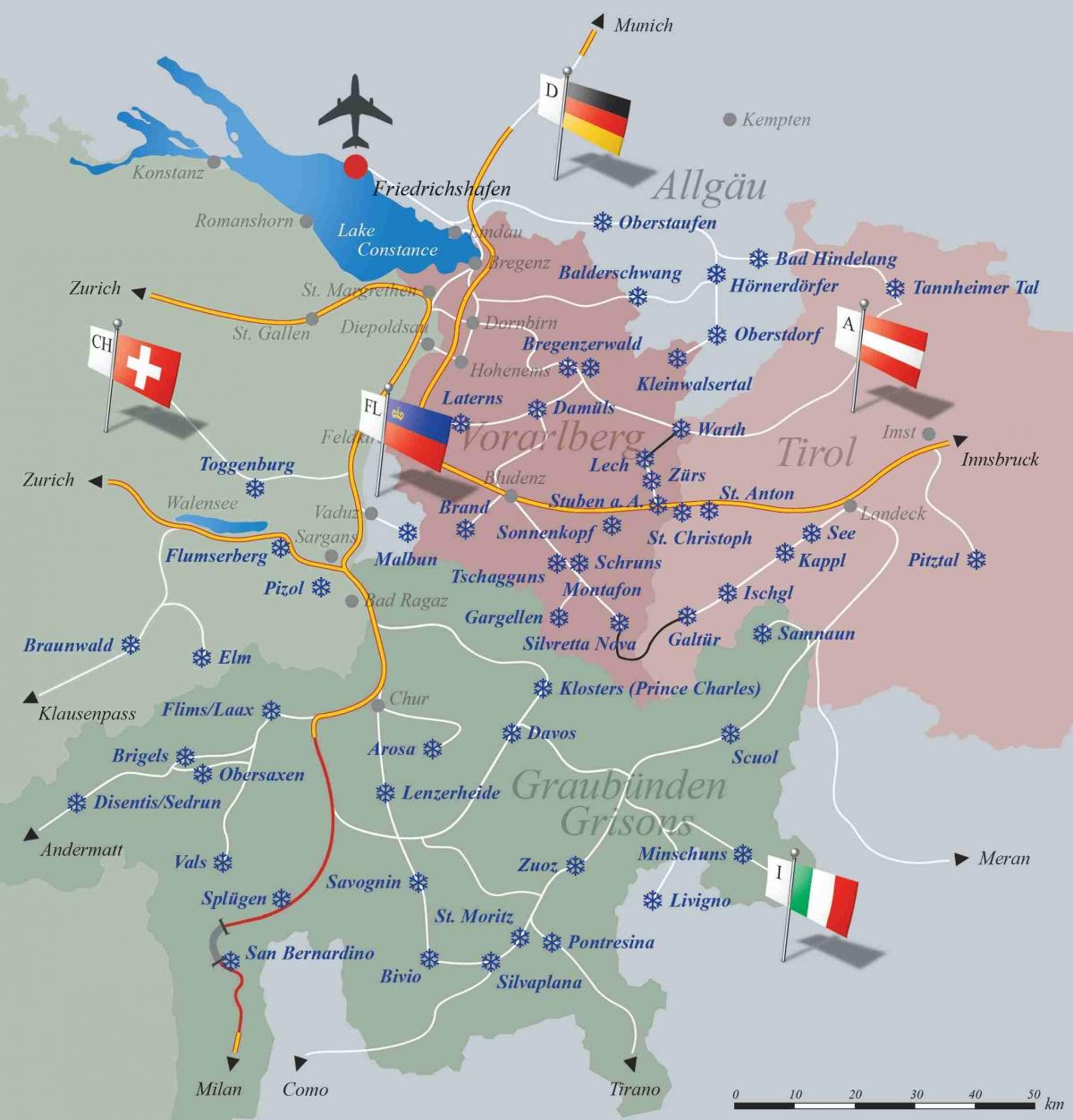 гірськолижні курорти Швейцарії на карті